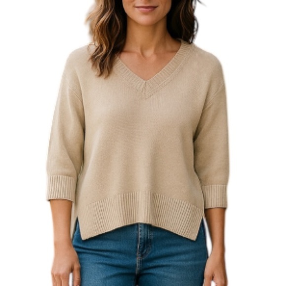 WORKSHOP Republic Clothing NWT Tan Cotton V-Neck Sweater Coastal Preppy Size XS - Picture 1 of 11